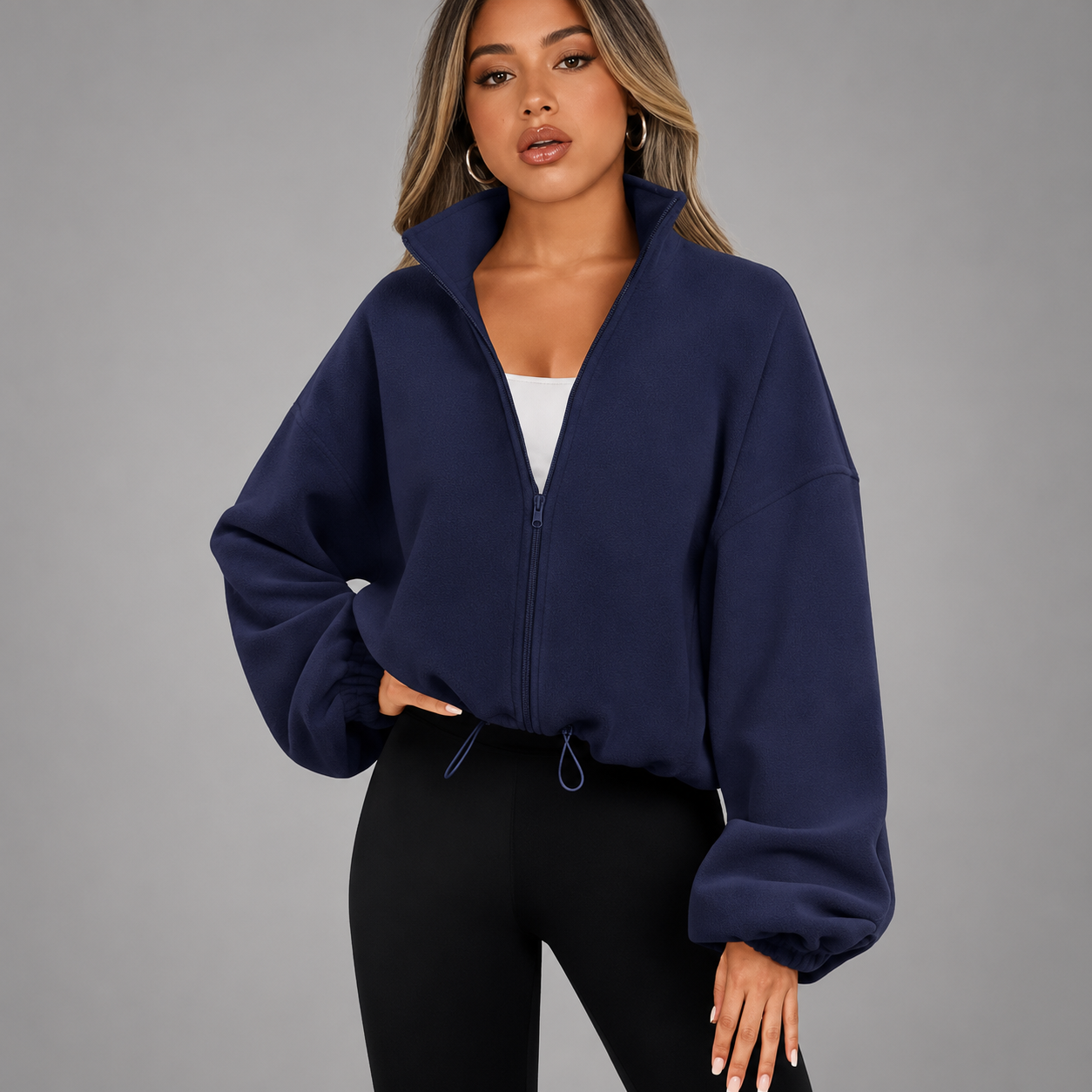 Women's Cropped Zip Up Hoodie – Drawstring Waist with Puff Sleeves