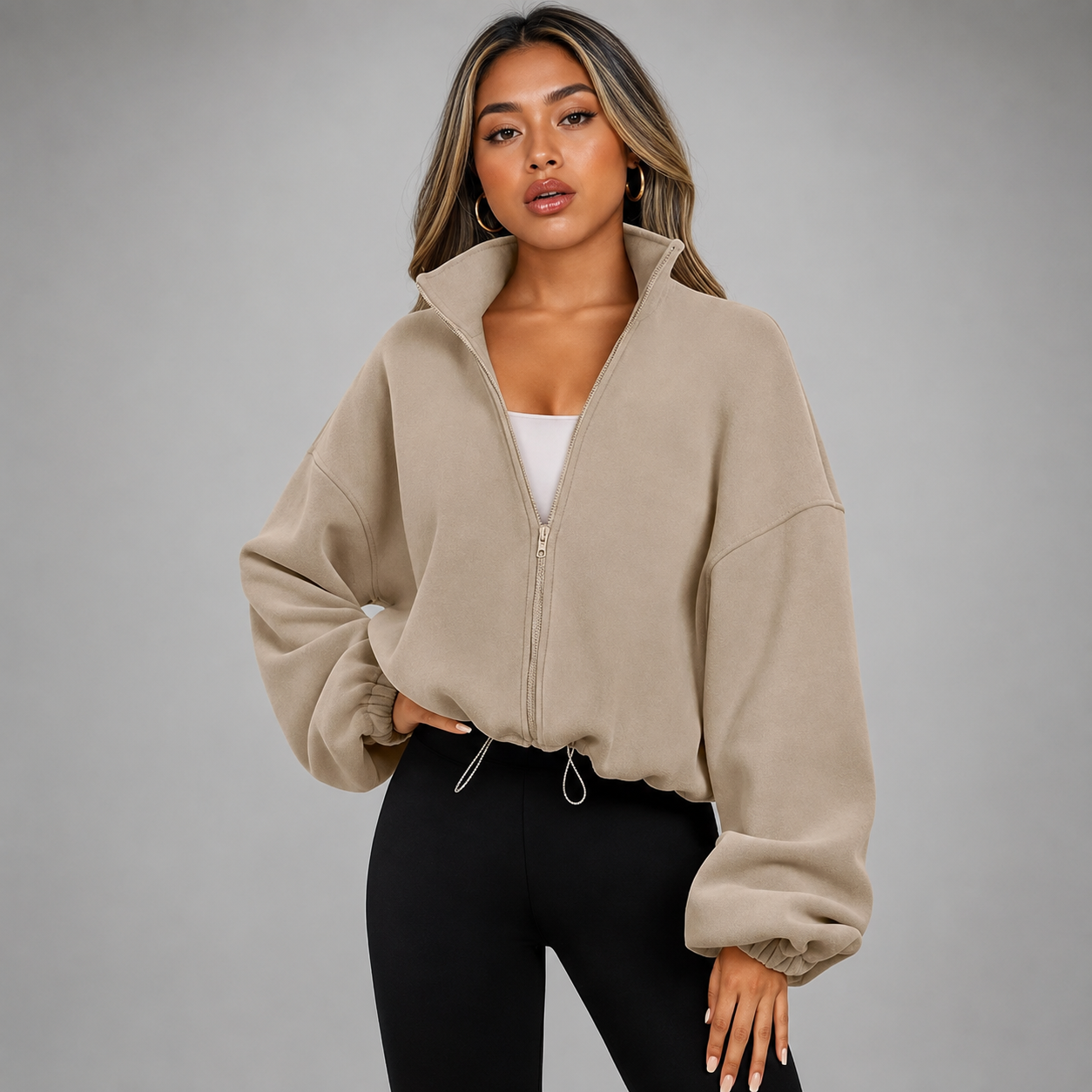 Women's Cropped Zip Up Hoodie – Drawstring Waist with Puff Sleeves
