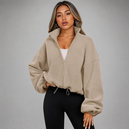Women's Cropped Zip Up Hoodie – Drawstring Waist with Puff Sleeves