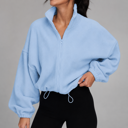 Women's Cropped Zip Up Hoodie – Drawstring Waist with Puff Sleeves