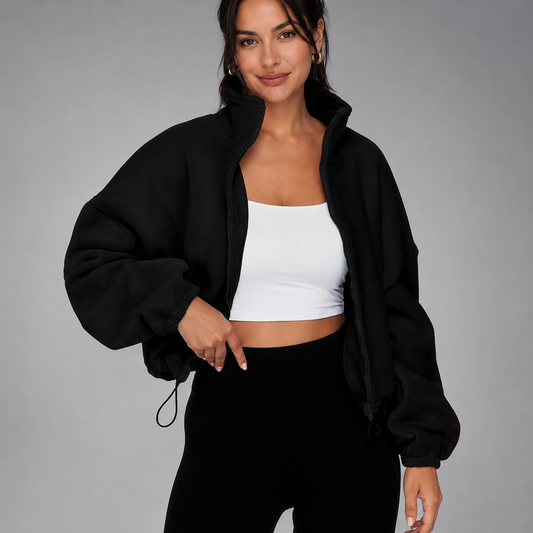 Women's Cropped Zip Up Hoodie – Drawstring Waist with Puff Sleeves