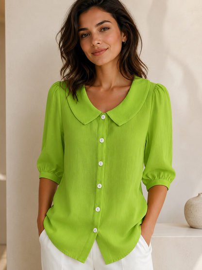 Women's Linen Short Sleeve Top – Relaxed Fit, Collar Neckline