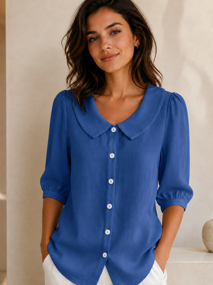 Women's Linen Short Sleeve Top – Relaxed Fit, Collar Neckline