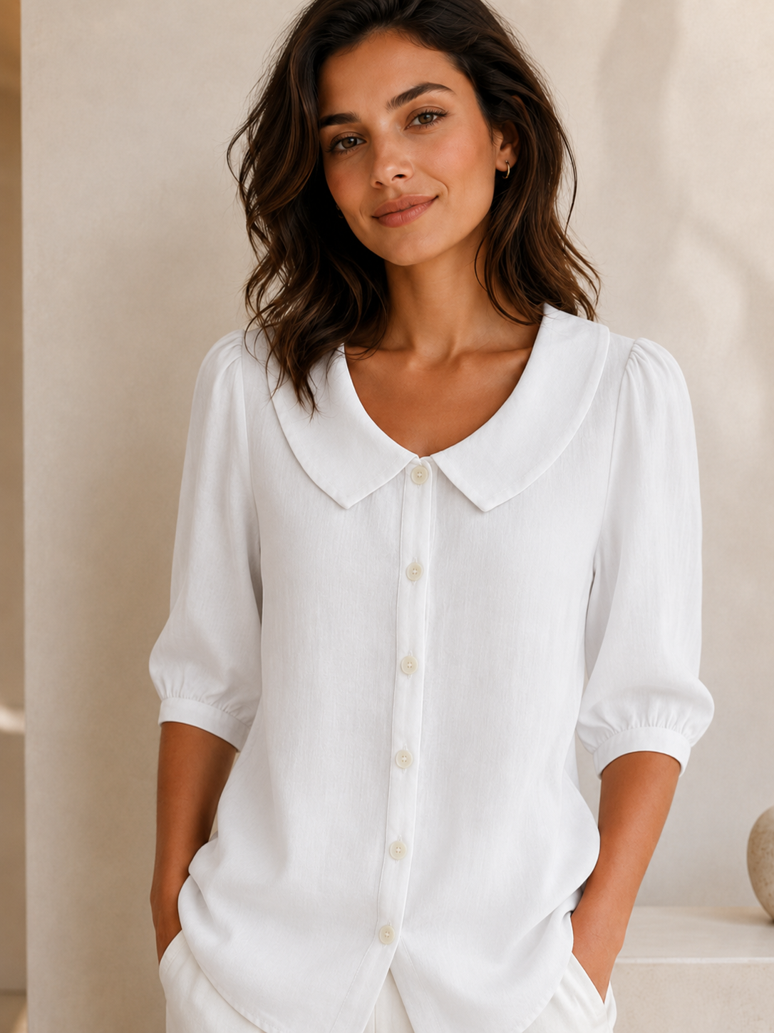 Women's Linen Short Sleeve Top – Relaxed Fit, Collar Neckline