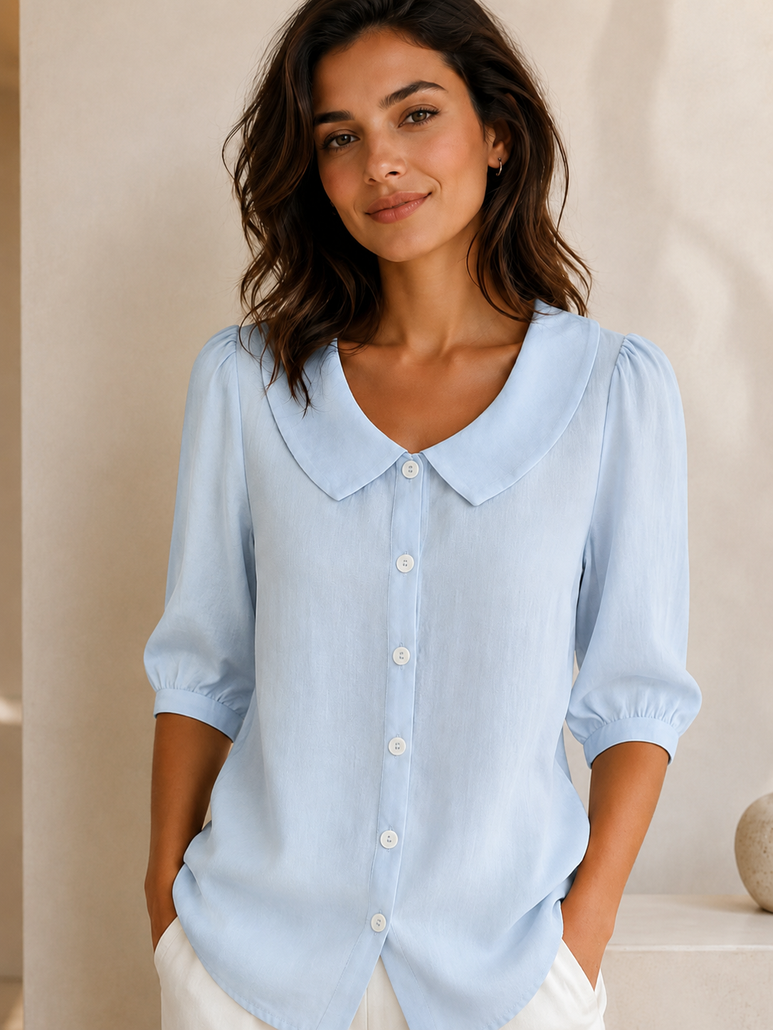 Women's Linen Short Sleeve Top – Relaxed Fit, Collar Neckline