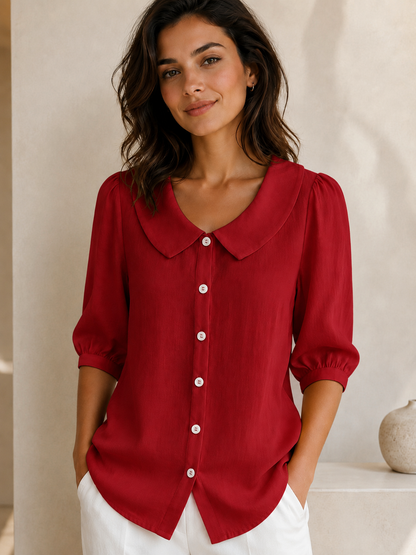 Women's Linen Short Sleeve Top – Relaxed Fit, Collar Neckline