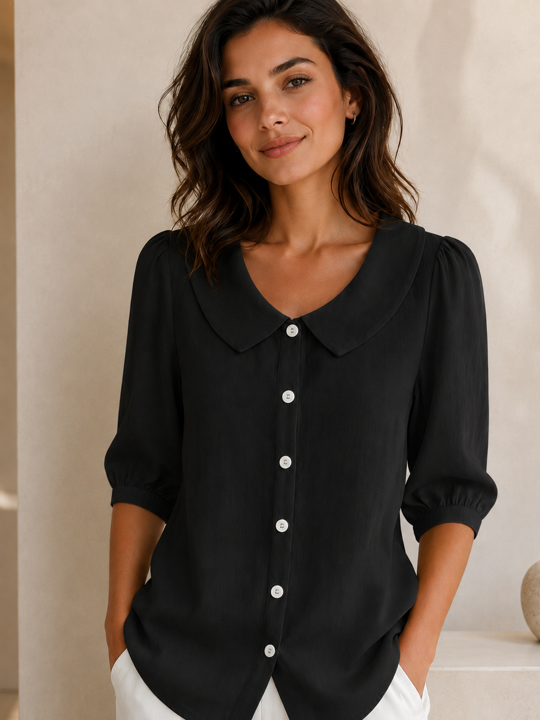 Women's Linen Short Sleeve Top – Relaxed Fit, Collar Neckline