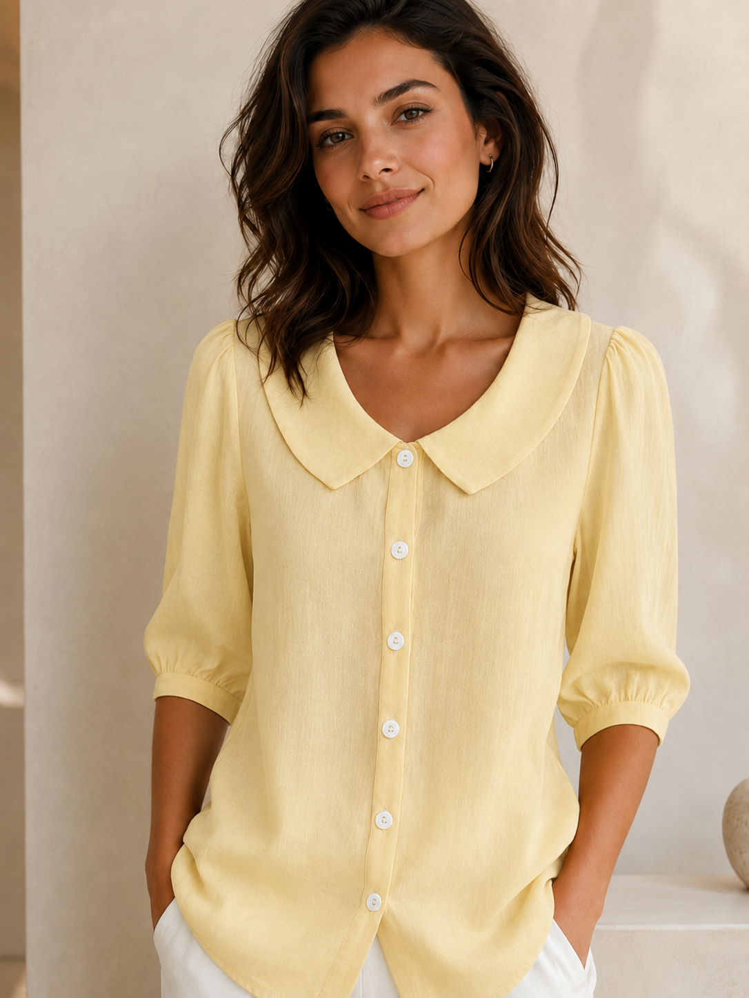 Women's Linen Short Sleeve Top – Relaxed Fit, Collar Neckline