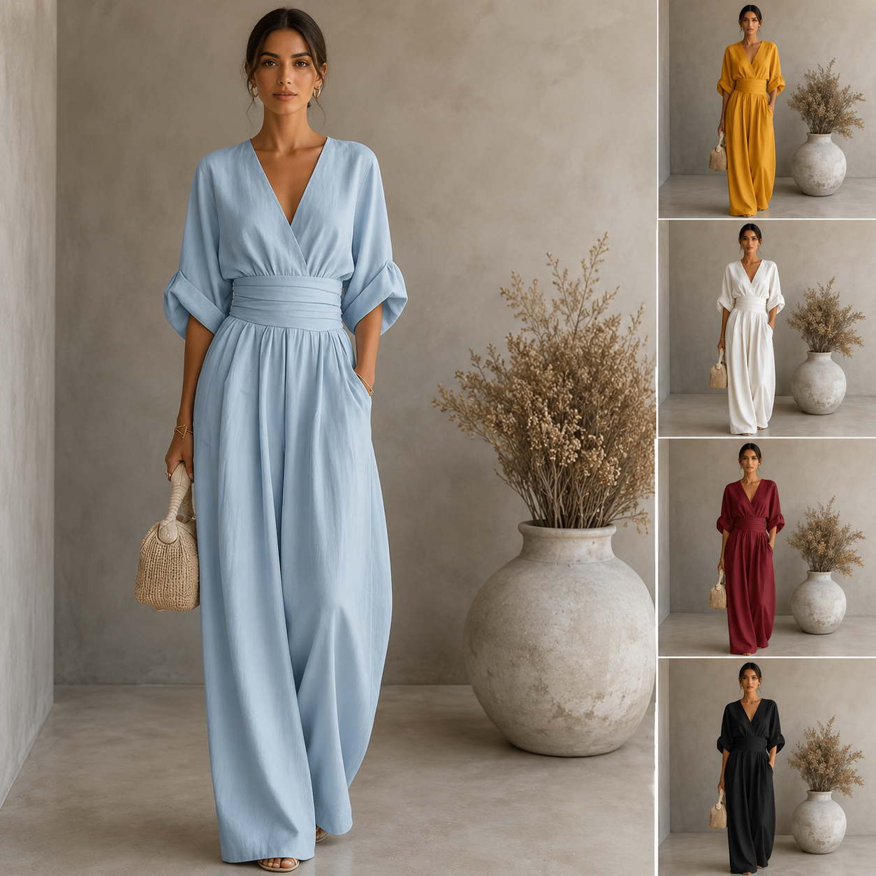 Women's Wide-Leg Linen Jumpsuit – Deep V-Neckline with Cinched Waist