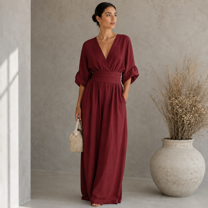 Women's Wide-Leg Linen Jumpsuit – Deep V-Neckline with Cinched Waist