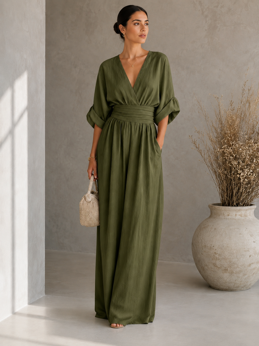 Women's Wide-Leg Linen Jumpsuit – Deep V-Neckline with Cinched Waist