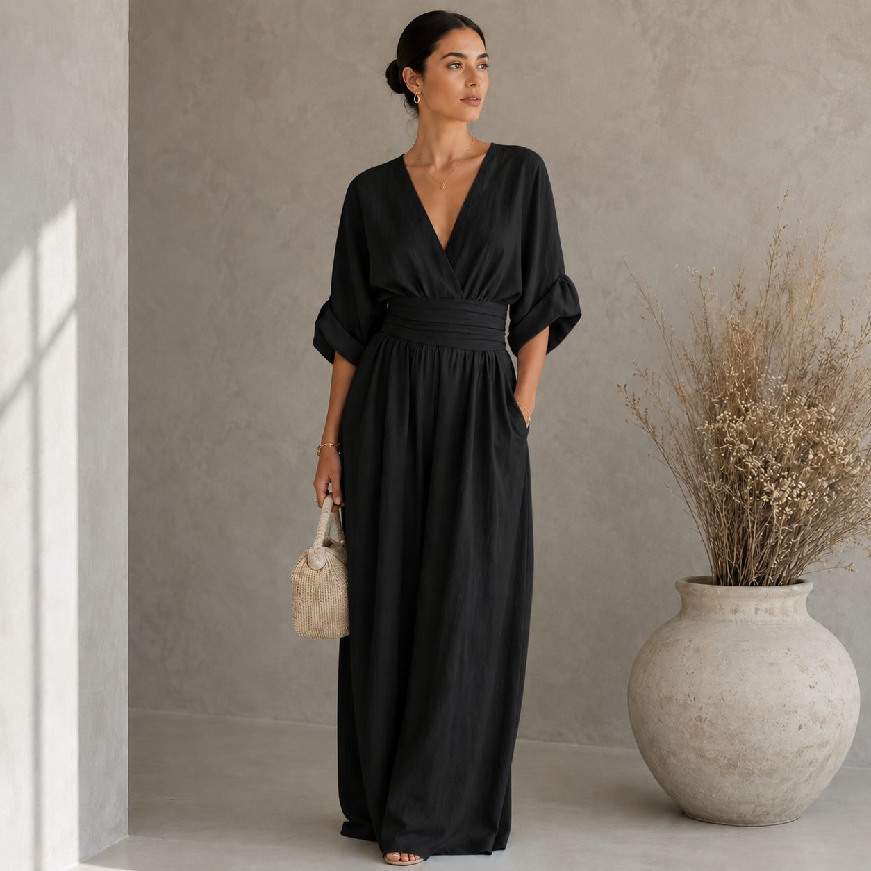 Women's Wide-Leg Linen Jumpsuit – Deep V-Neckline with Cinched Waist