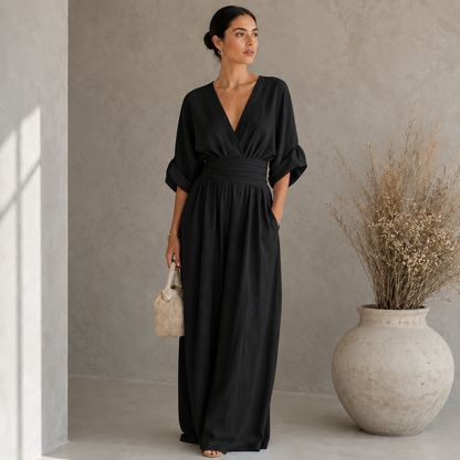 Women's Wide-Leg Linen Jumpsuit – Deep V-Neckline with Cinched Waist
