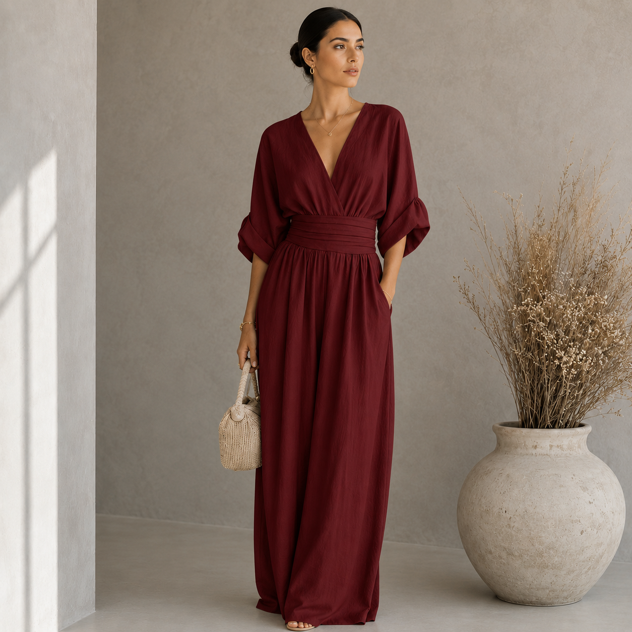 Women's Wide-Leg Linen Jumpsuit – Deep V-Neckline with Cinched Waist