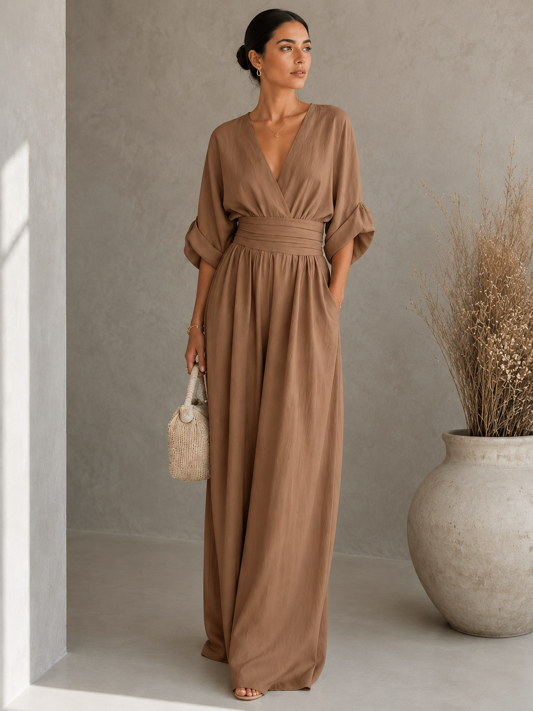 Women's Wide-Leg Linen Jumpsuit – Deep V-Neckline with Cinched Waist