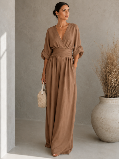 Women's Wide-Leg Linen Jumpsuit – Deep V-Neckline with Cinched Waist