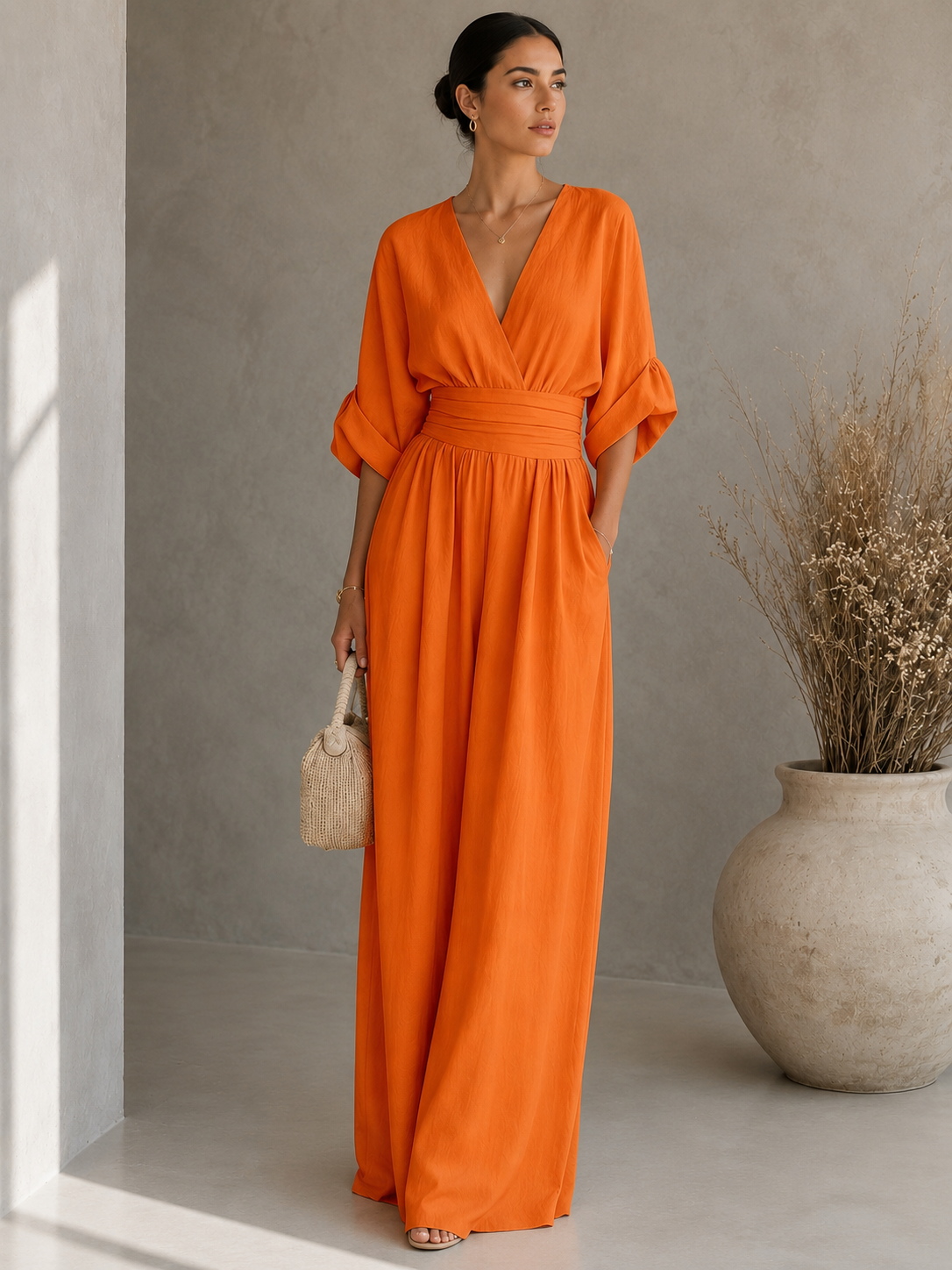 Women's Wide-Leg Linen Jumpsuit – Deep V-Neckline with Cinched Waist
