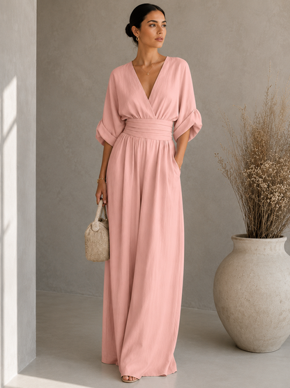 Women's Wide-Leg Linen Jumpsuit – Deep V-Neckline with Cinched Waist