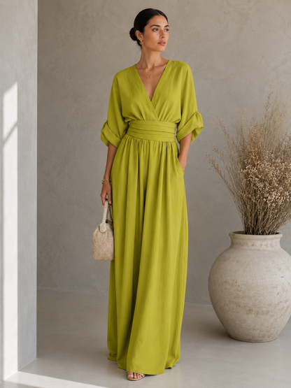 Women's Wide-Leg Linen Jumpsuit – Deep V-Neckline with Cinched Waist