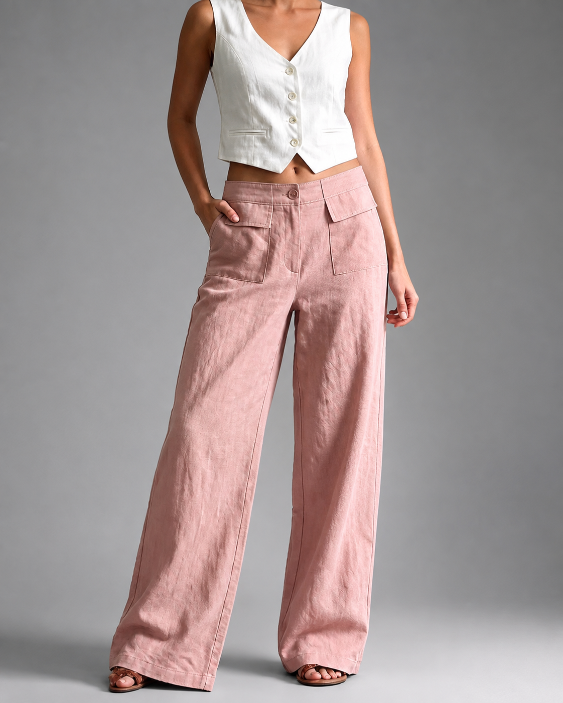 Women's High-Waisted Linen Wide Leg Pants – Loose Fit with Pockets