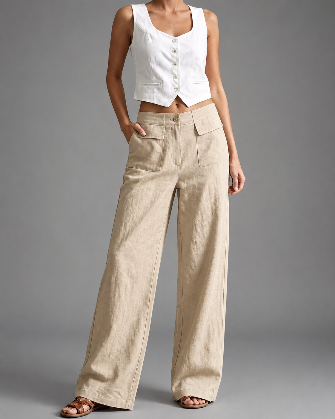 Women's High-Waisted Linen Wide Leg Pants – Loose Fit with Pockets
