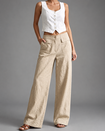 Women's High-Waisted Linen Wide Leg Pants – Loose Fit with Pockets
