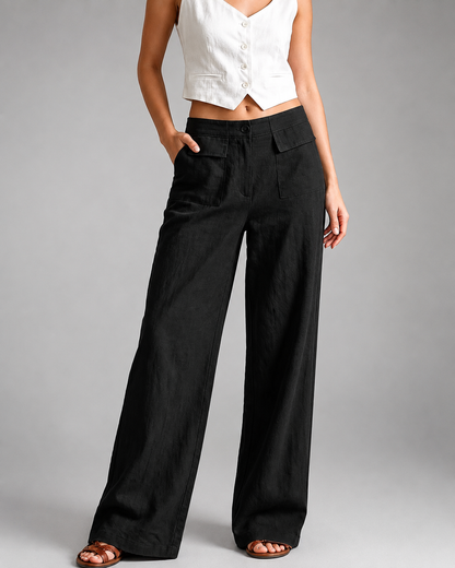Women's High-Waisted Linen Wide Leg Pants – Loose Fit with Pockets
