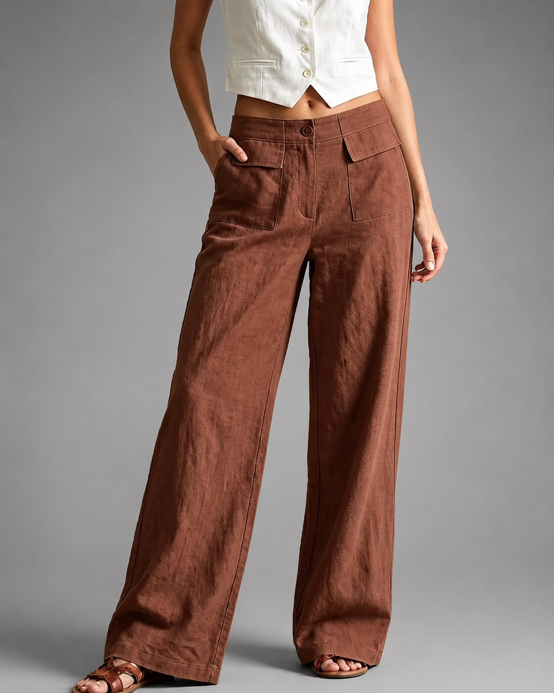Women's High-Waisted Linen Wide Leg Pants – Loose Fit with Pockets