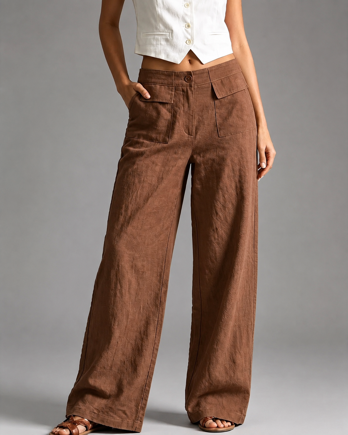 Women's High-Waisted Linen Wide Leg Pants – Loose Fit with Pockets