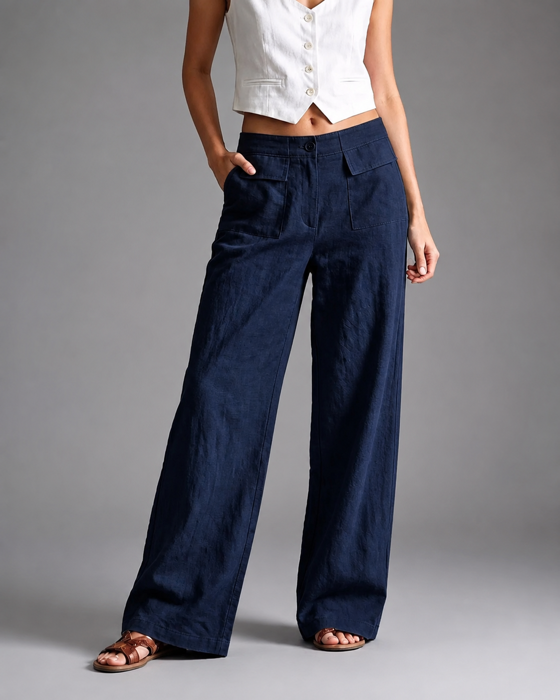 Women's High-Waisted Linen Wide Leg Pants – Loose Fit with Pockets