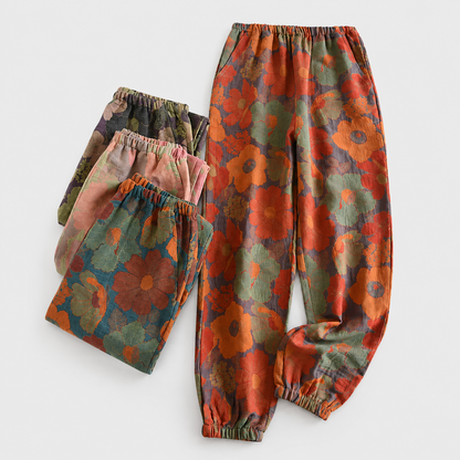 Women's Cotton Gauze Yoga Pants – Relaxed Fit with Artistic Print and Soft Elastic Waist