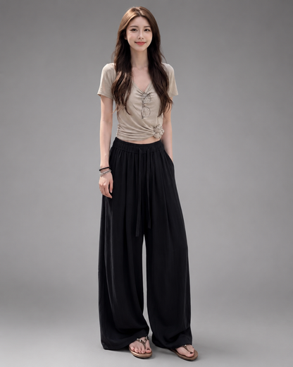 Women's Lightweight Linen Blend Wide Leg Pants – Elastic Waistband, Long Length