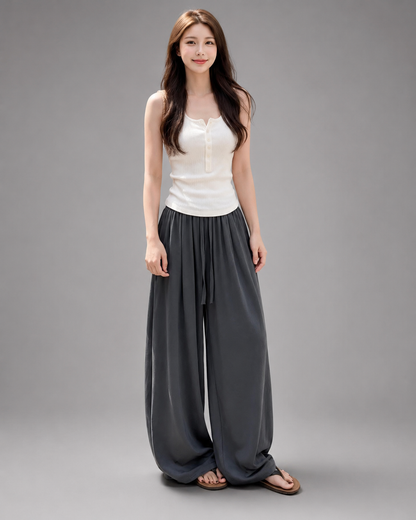 Women's Lightweight Linen Blend Wide Leg Pants – Elastic Waistband, Long Length