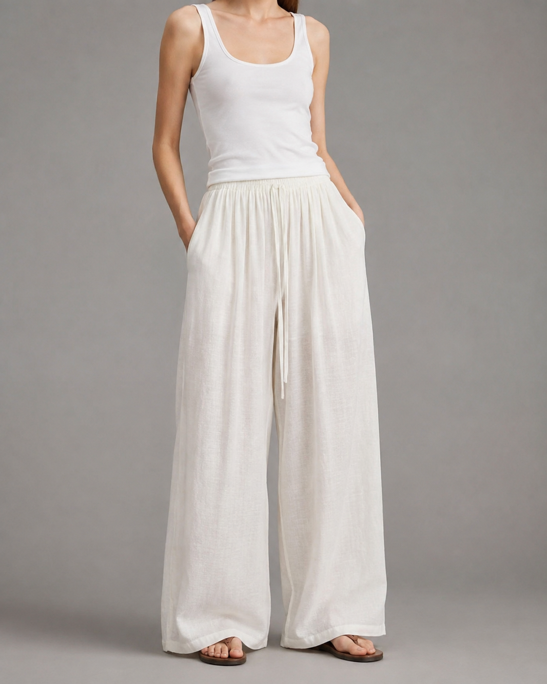 Women's Lightweight Linen Blend Wide Leg Pants – Elastic Waistband, Long Length