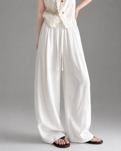 Women's Lightweight Linen Blend Wide Leg Pants – Elastic Waistband, Long Length