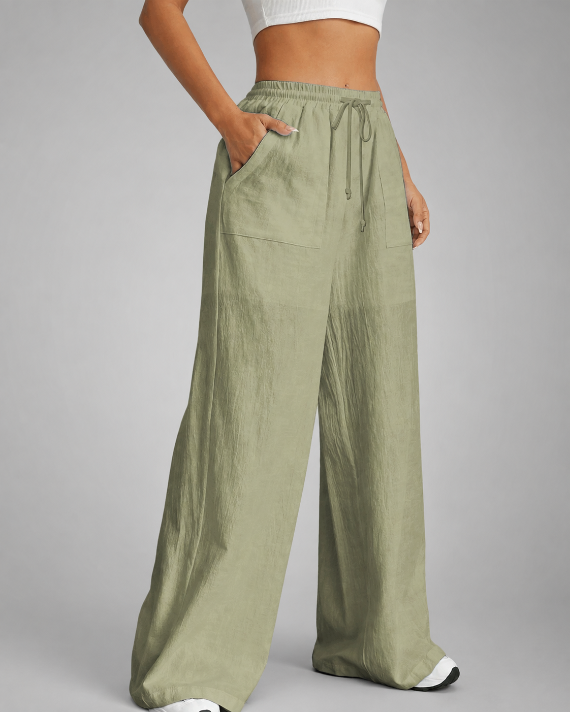 Women's Loose High-Waisted Wide Leg Pants – Casual Drawstring with Pockets