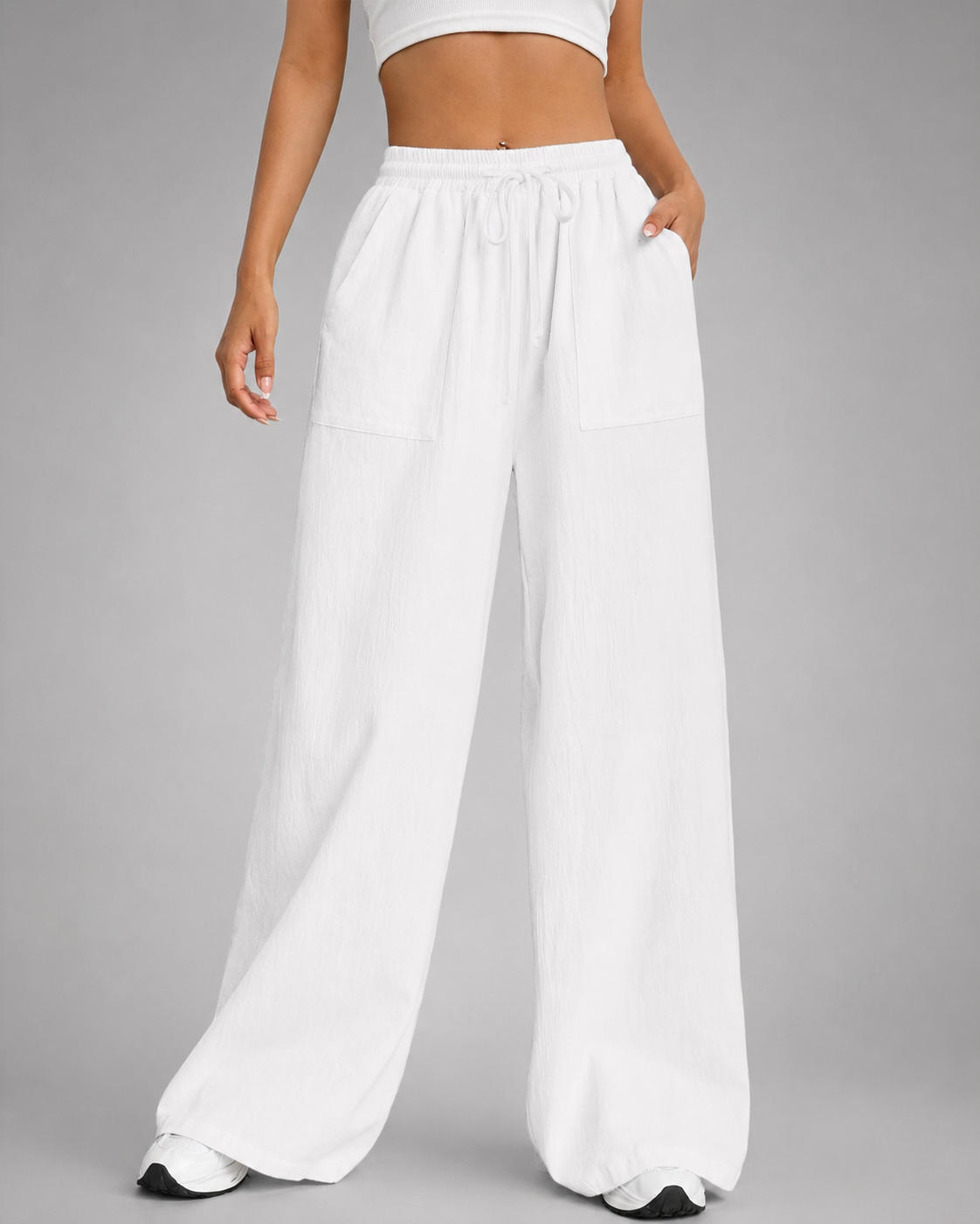 Women's Loose High-Waisted Wide Leg Pants – Casual Drawstring with Pockets
