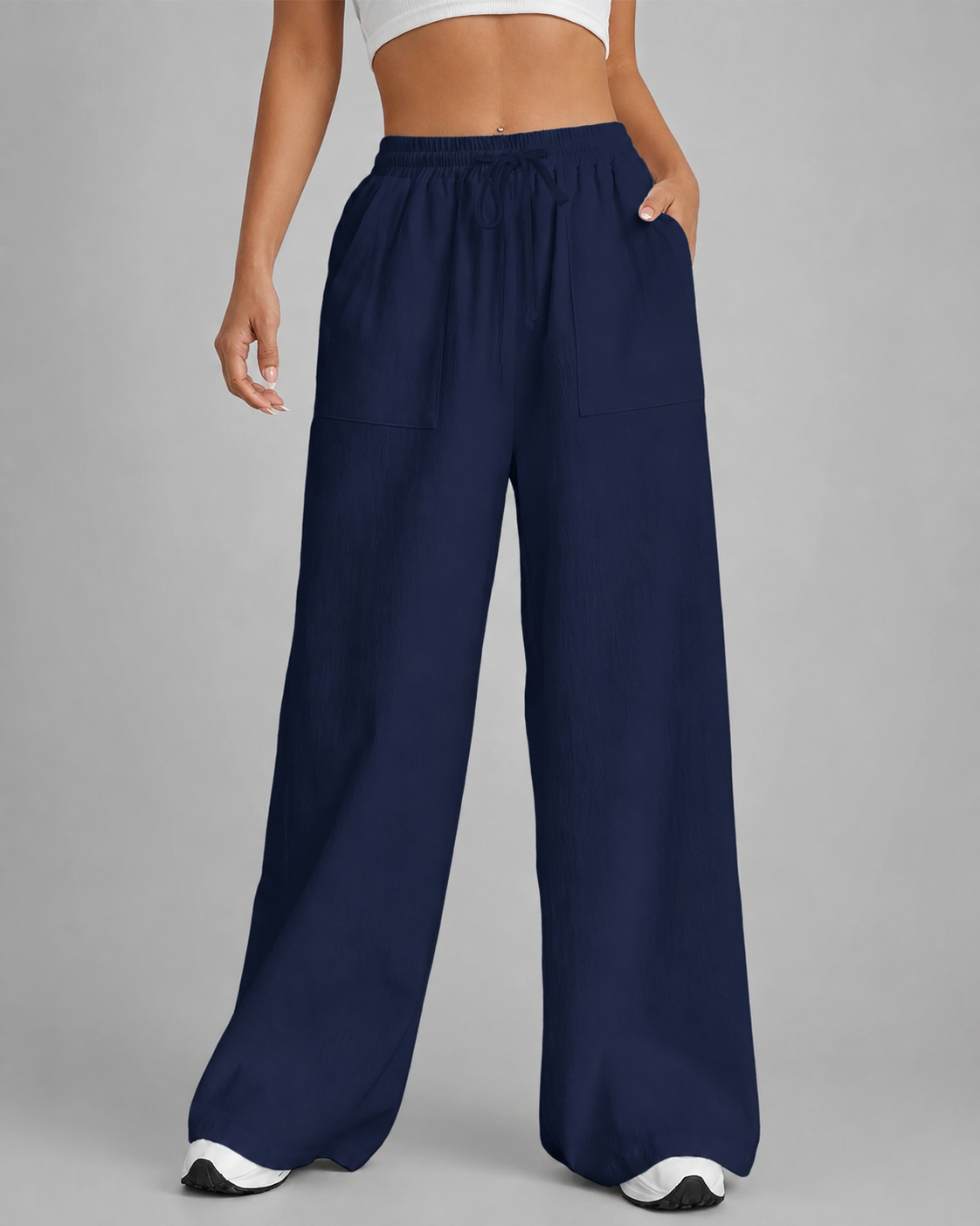 Women's Loose High-Waisted Wide Leg Pants – Casual Drawstring with Pockets