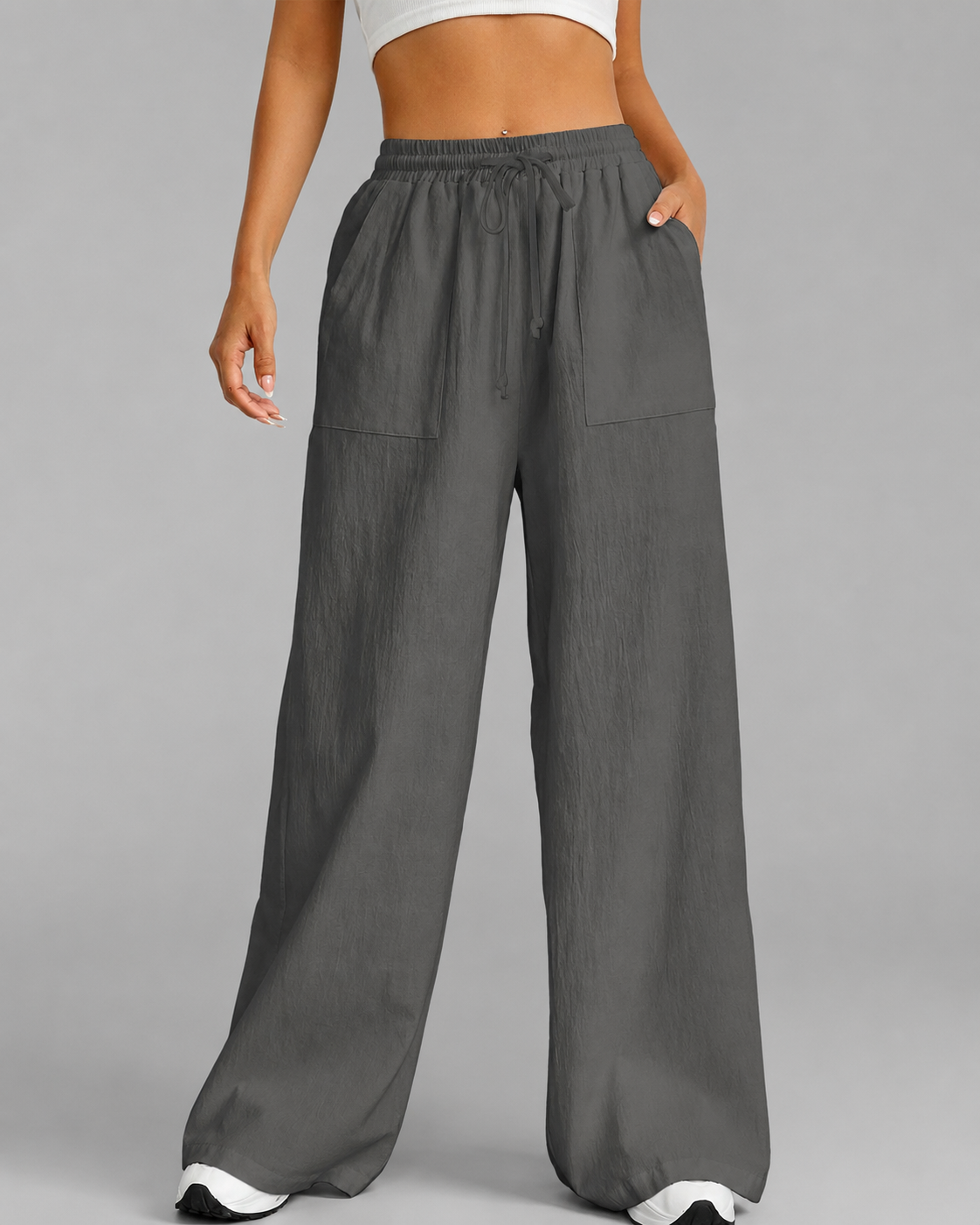 Women's Loose High-Waisted Wide Leg Pants – Casual Drawstring with Pockets