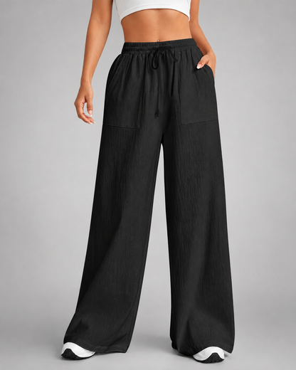 Women's Loose High-Waisted Wide Leg Pants – Casual Drawstring with Pockets