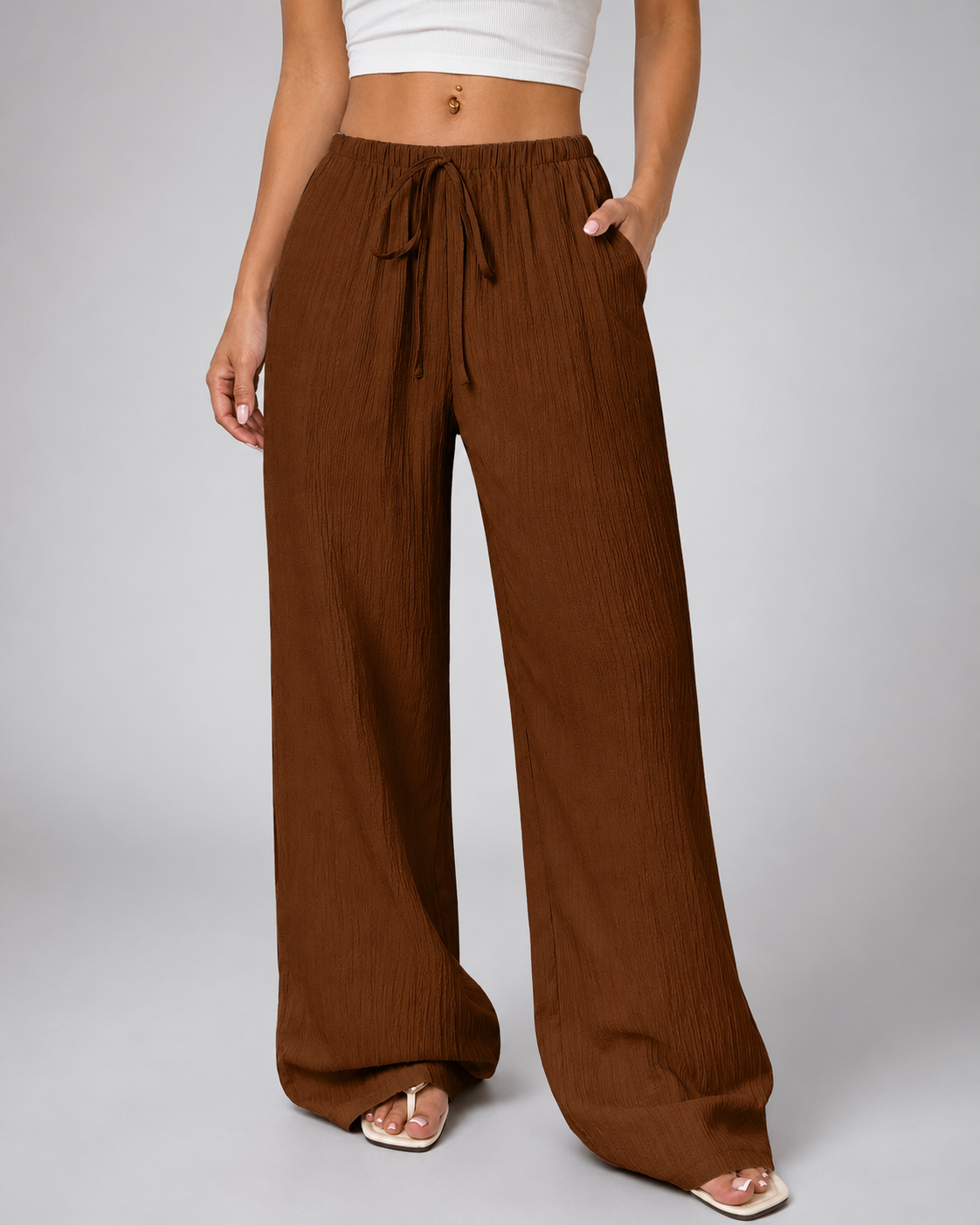 Women's Cotton-Linen Blend Wide Leg Pants – Relaxed Fit with Drawstring Waist