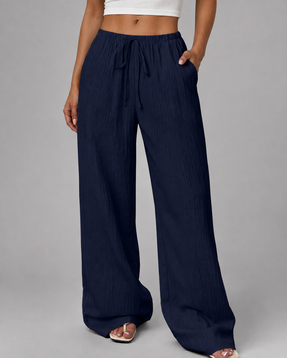 Women's Cotton-Linen Blend Wide Leg Pants – Relaxed Fit with Drawstring Waist