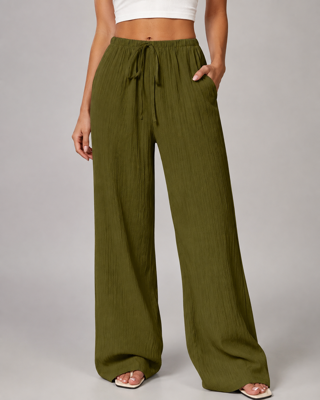 Women's Cotton-Linen Blend Wide Leg Pants – Relaxed Fit with Drawstring Waist