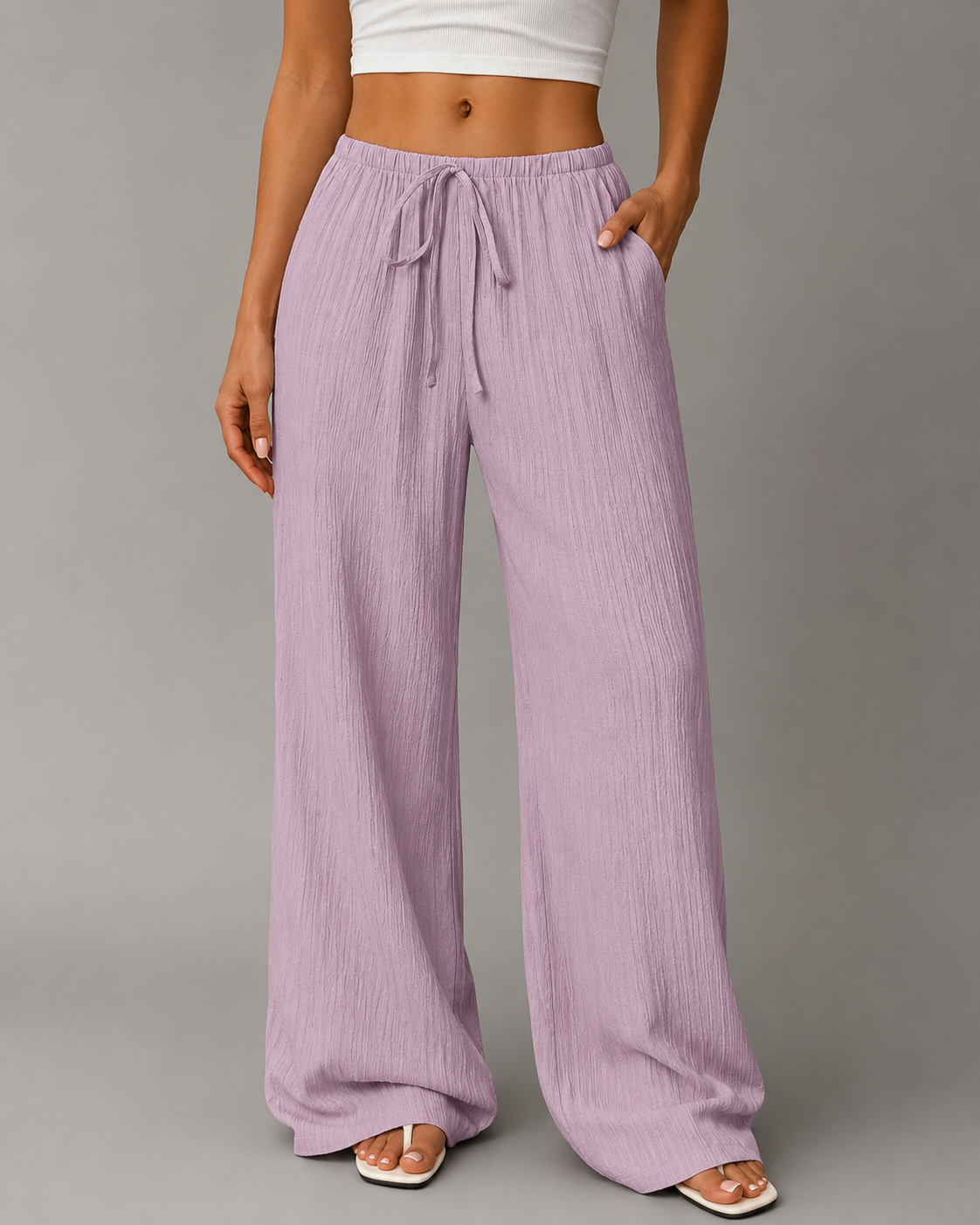 Women's Cotton-Linen Blend Wide Leg Pants – Relaxed Fit with Drawstring Waist