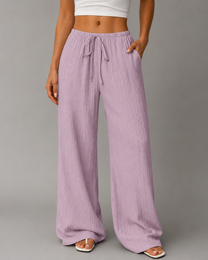 Women's Cotton-Linen Blend Wide Leg Pants – Relaxed Fit with Drawstring Waist