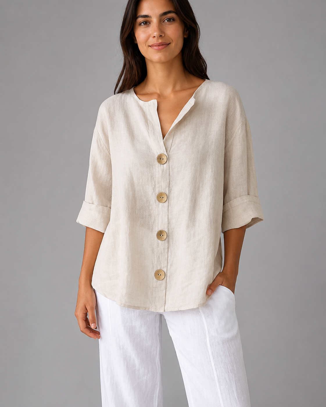 Women's Cotton Linen Button Top – V-Neck – Loose Fit Casual Shirt
