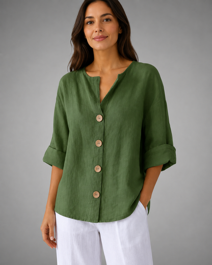 Women's Cotton Linen Button Top – V-Neck – Loose Fit Casual Shirt