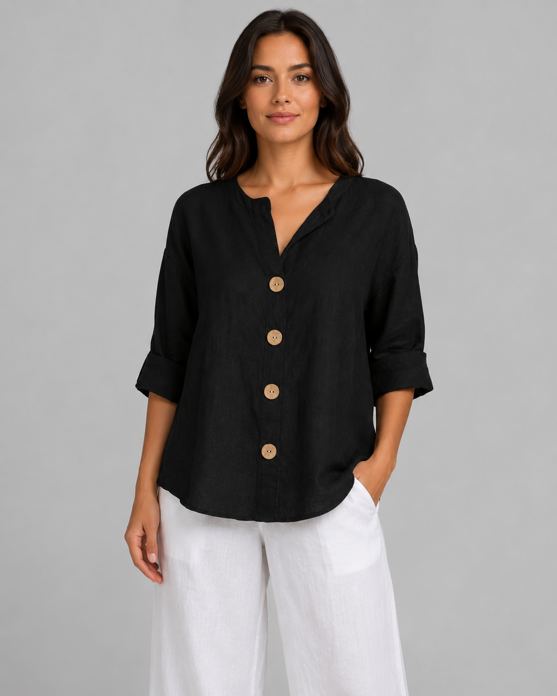 Women's Cotton Linen Button Top – V-Neck – Loose Fit Casual Shirt