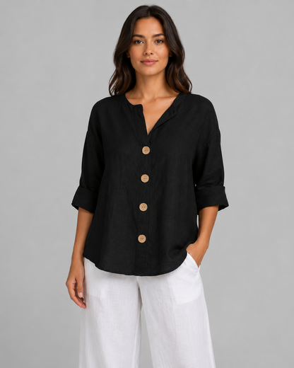 Women's Cotton Linen Button Top – V-Neck – Loose Fit Casual Shirt