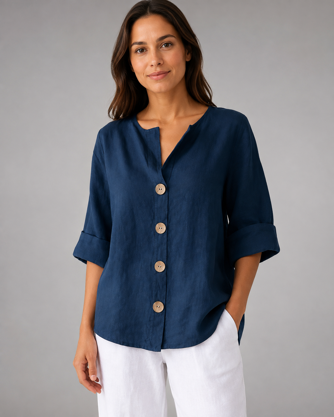 Women's Cotton Linen Button Top – V-Neck – Loose Fit Casual Shirt
